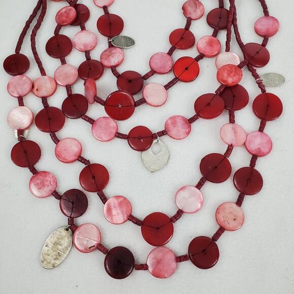 Chico's Dyed Red & Pink Shell Mixed Media Multi Strand 26" Necklace - Picture 3 of 6